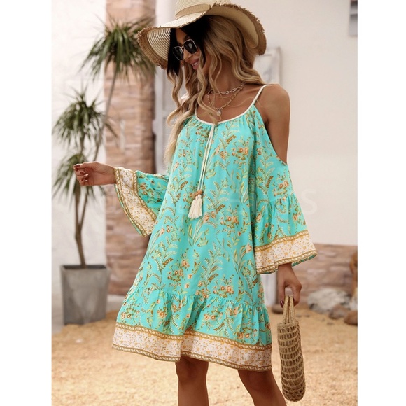 Mint Green Cold Shoulder Tassel Detail Loose Fitting Mini Dress Short Floral - Picture 6 of 10